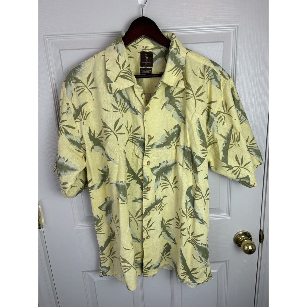 TailorByrd Button Down Mens XL Yellow Excellent Tropical Linen Rayon Palm Print